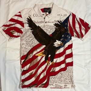 Vintage 100% Cotton Patriotic Bald Eagle Flag Constitution America Polo Shirt